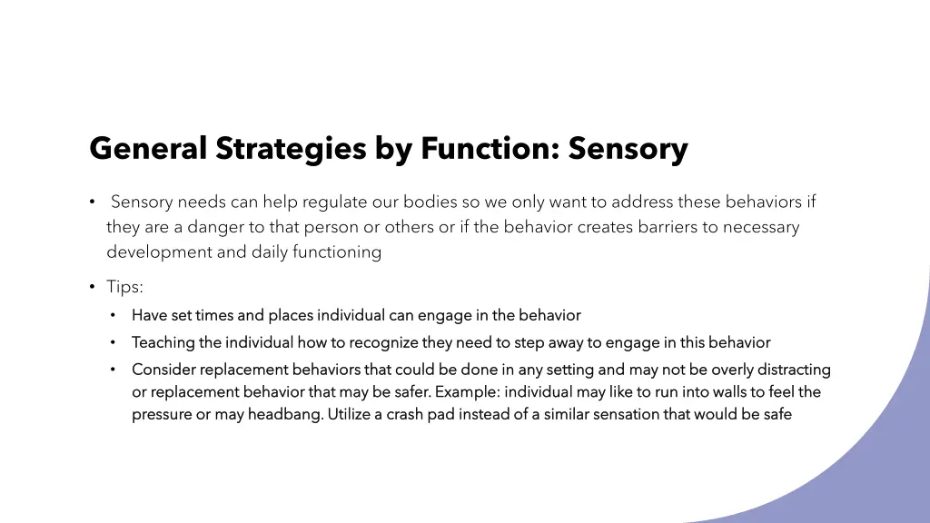 general strategies by function sensory