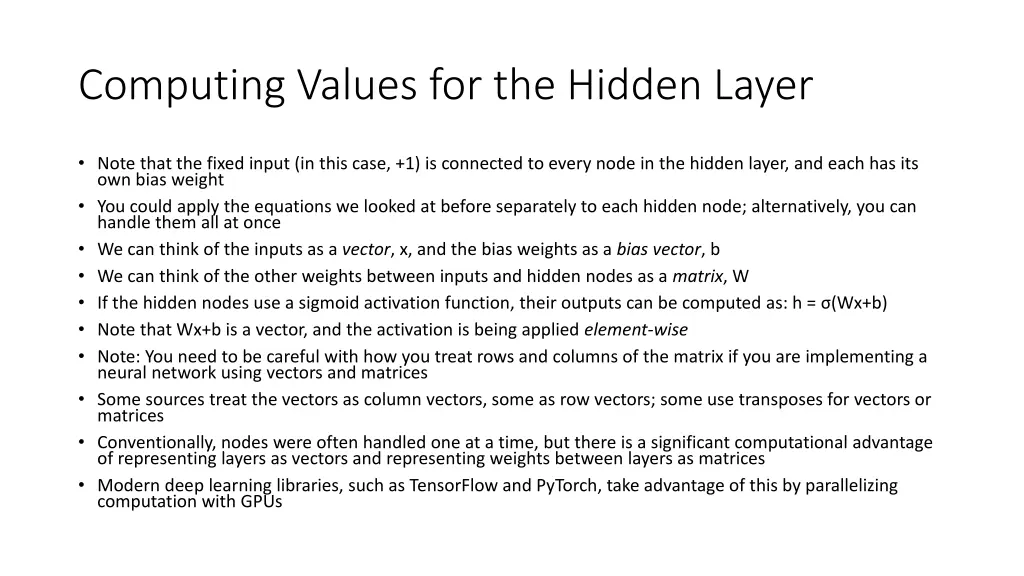 computing values for the hidden layer