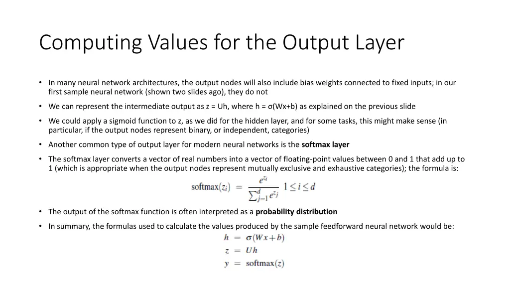 computing values for the output layer