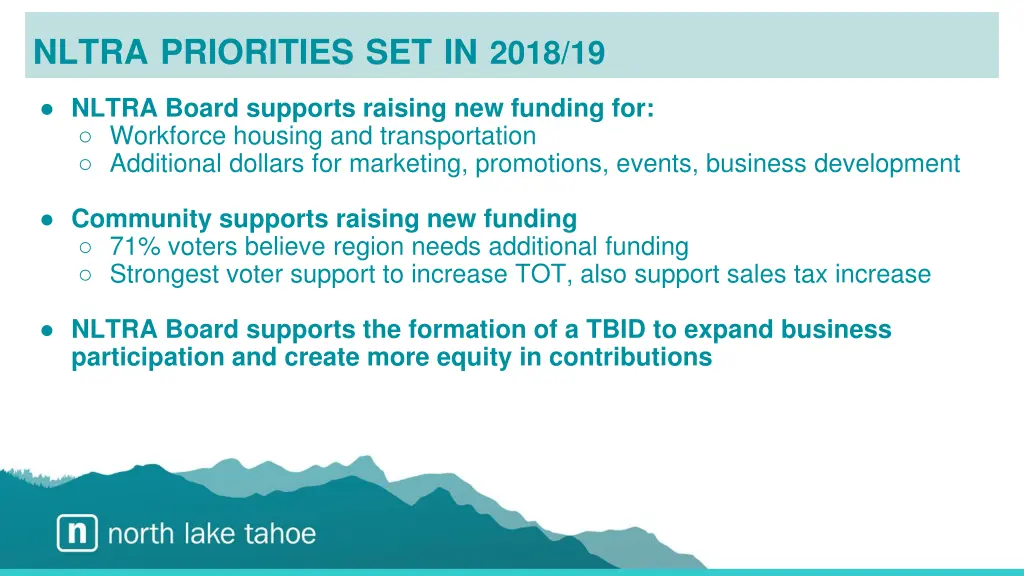 nltra priorities set in 2018 19