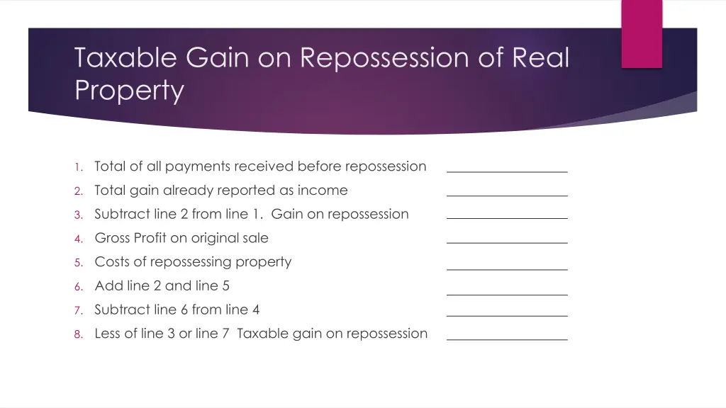 taxable gain on repossession of real property