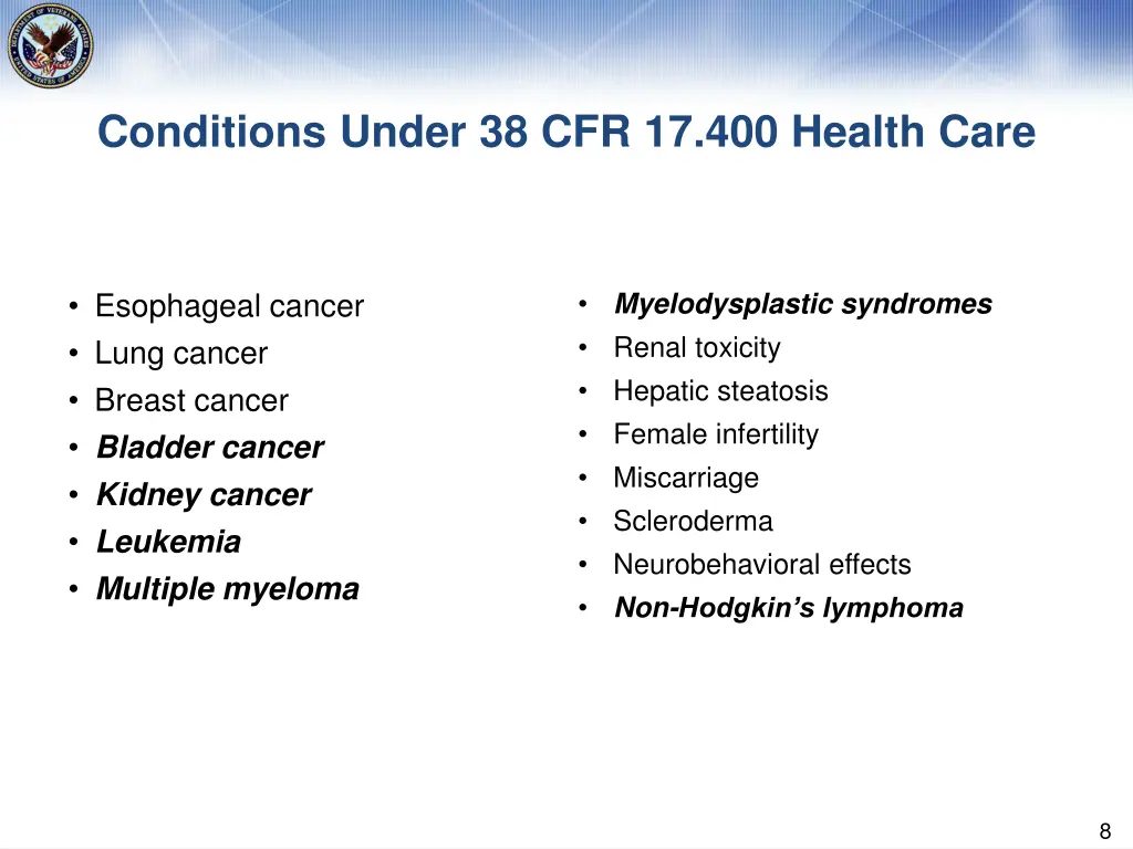 conditions under 38 cfr 17 400 health care