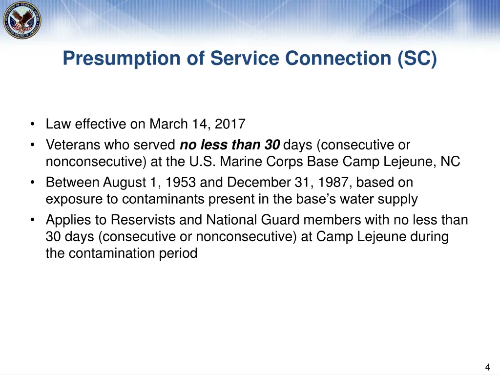 presumption of service connection sc