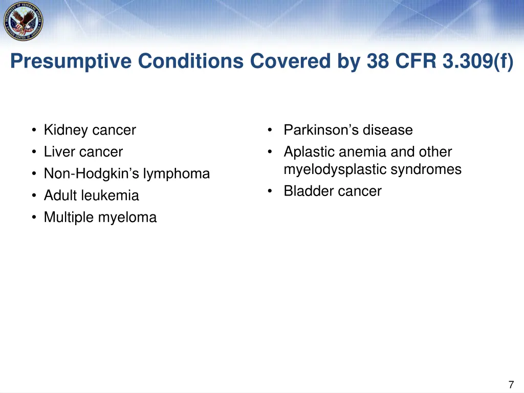 presumptive conditions covered by 38 cfr 3 309 f