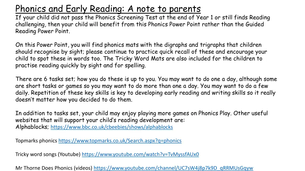 phonics and early reading a note to parents