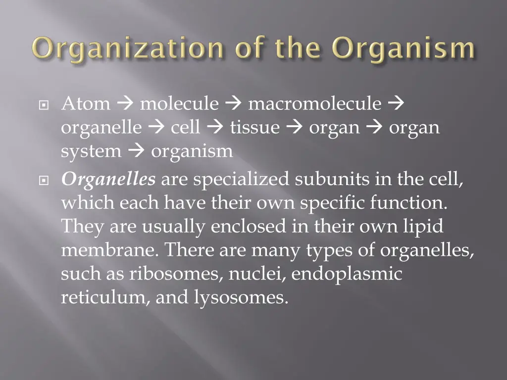atom molecule macromolecule organelle cell tissue