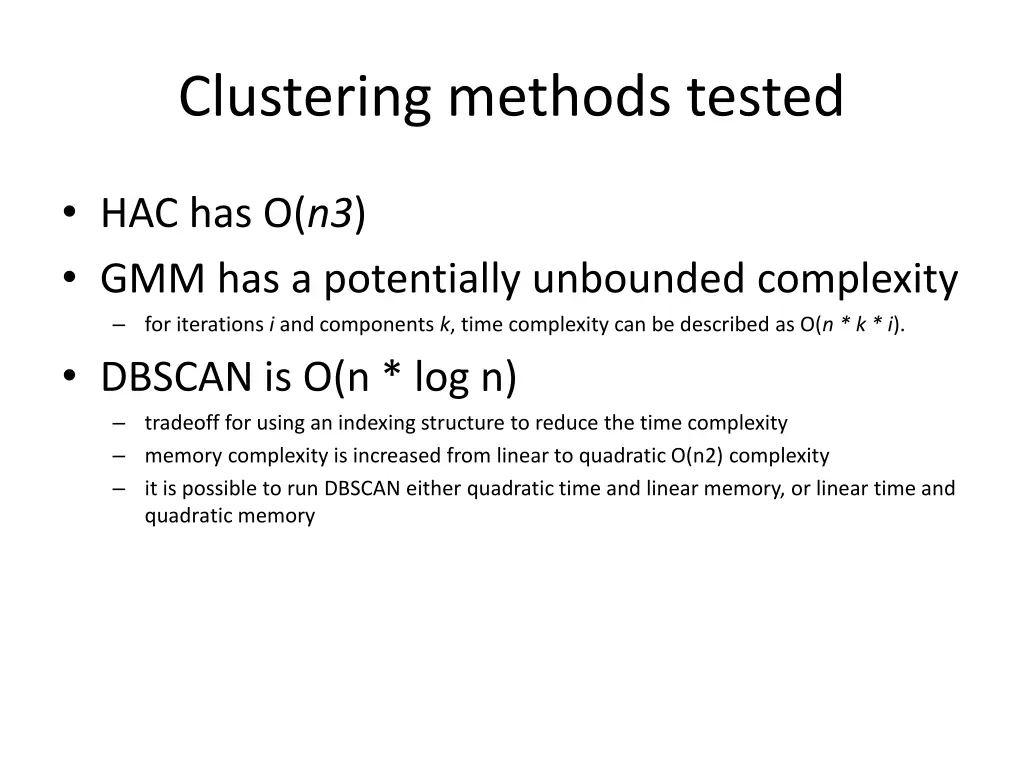 clustering methods tested