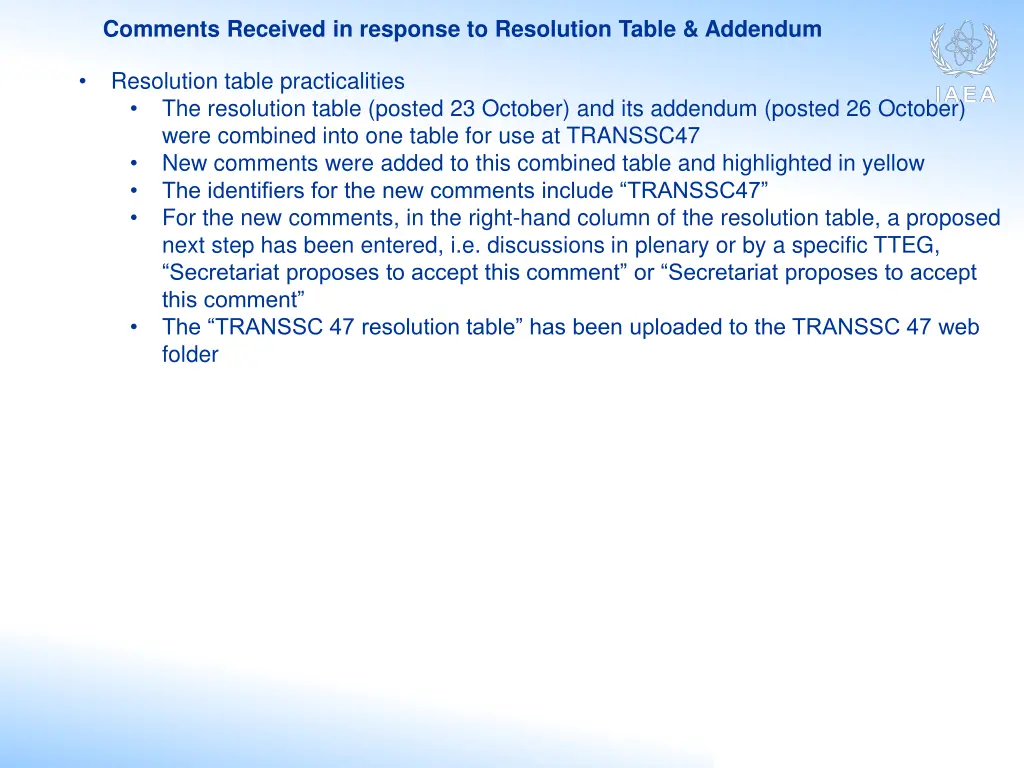comments received in response to resolution table 1