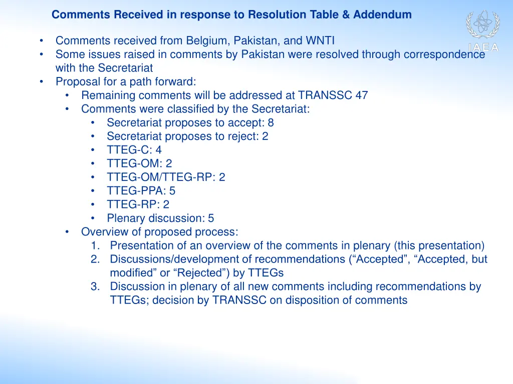 comments received in response to resolution table