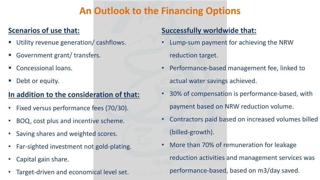 an outlook to the financing options