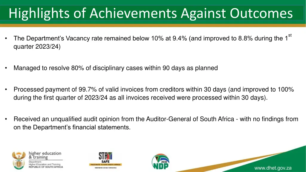 highlights of achievements against outcomes