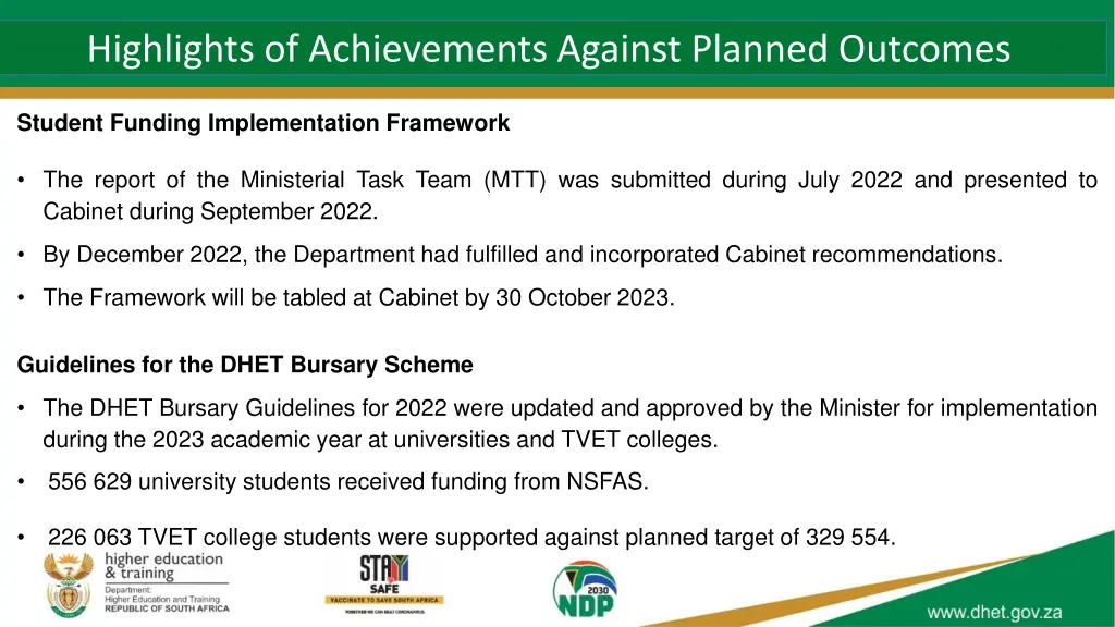 highlights of achievements against planned 1