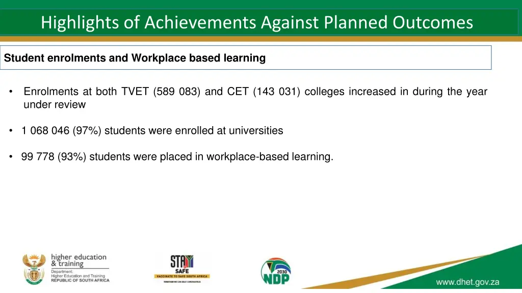 highlights of achievements against planned 3