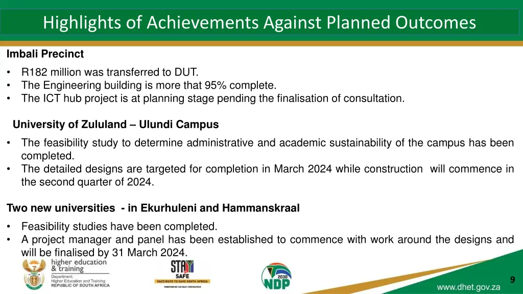 highlights of achievements against planned 8