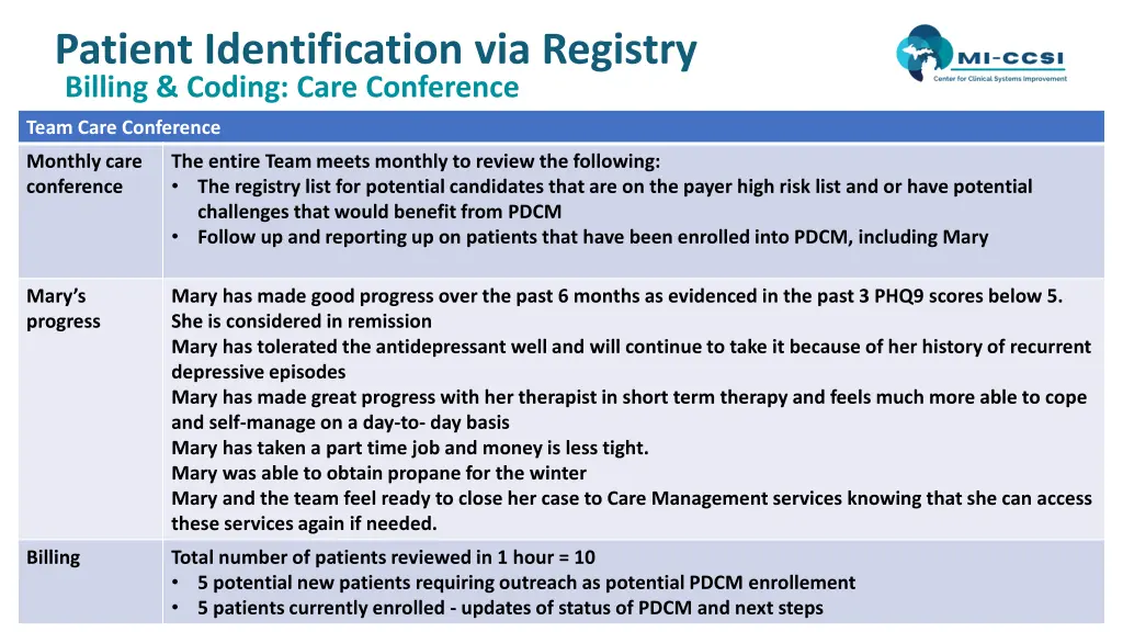 patient identification via registry billing 12