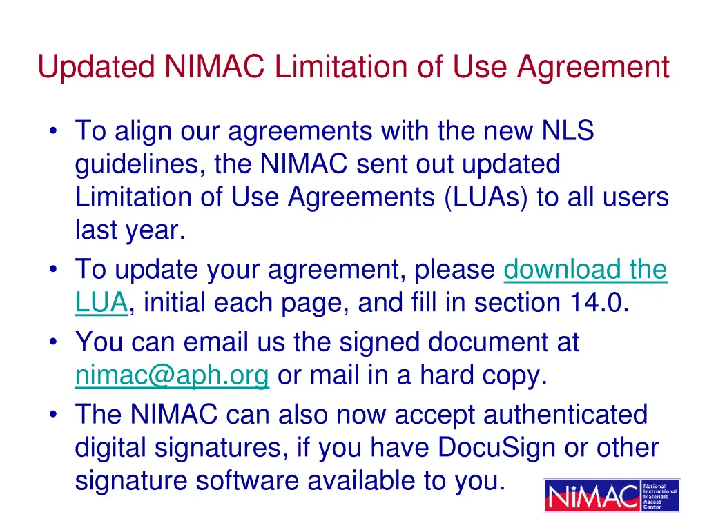 updated nimac limitation of use agreement