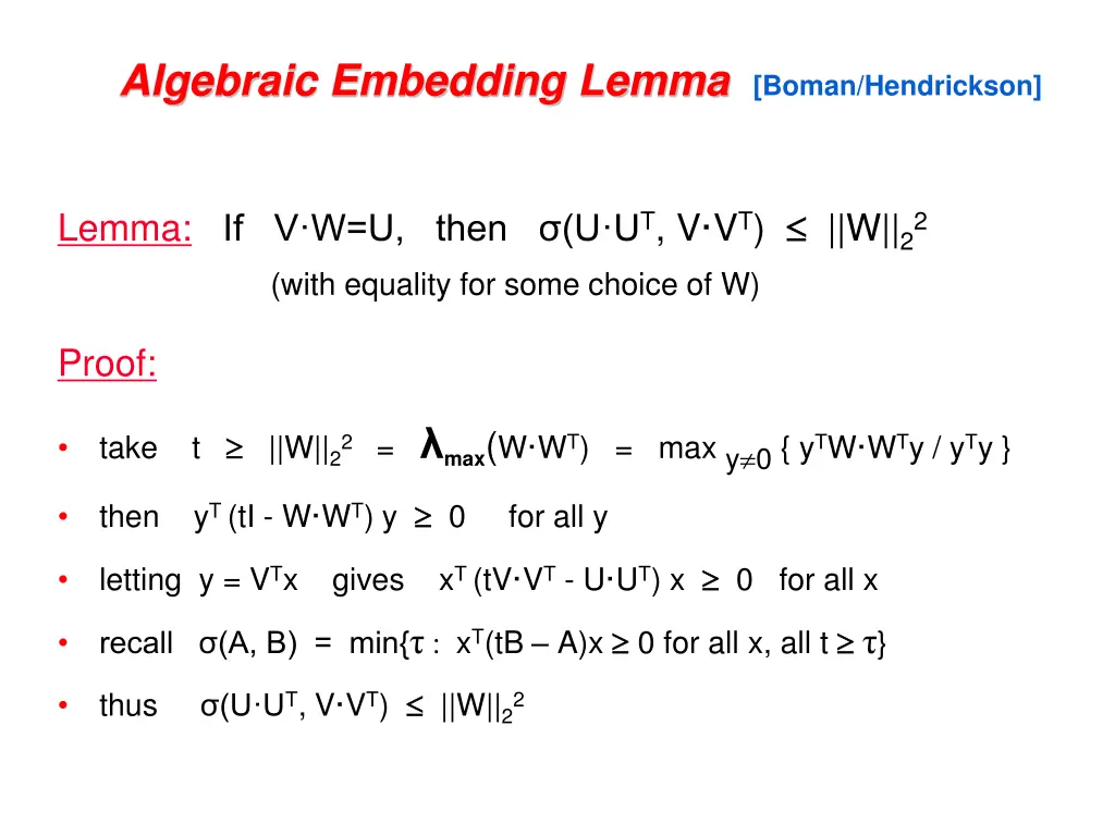 algebraic embedding lemma boman hendrickson