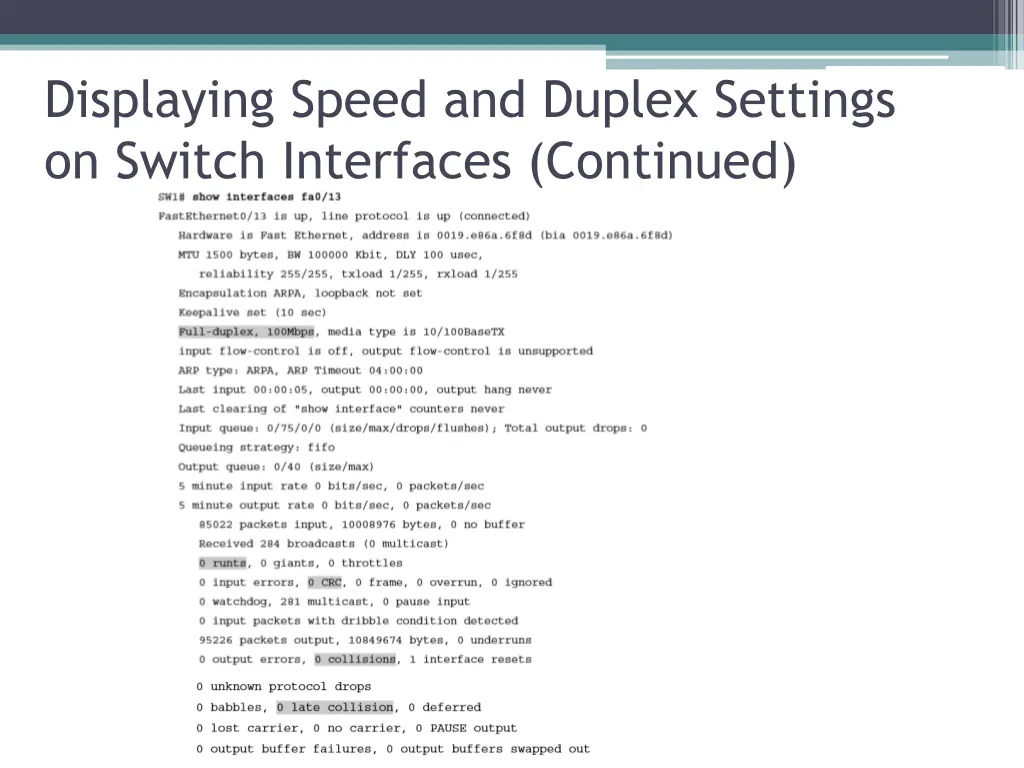 displaying speed and duplex settings on switch 1