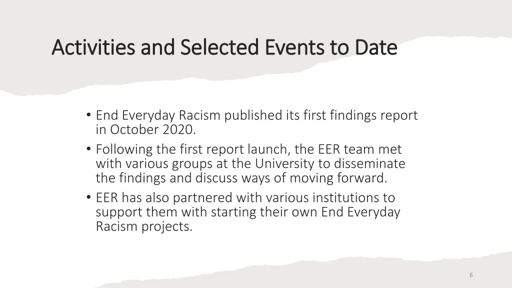 activities and selected events to date activities