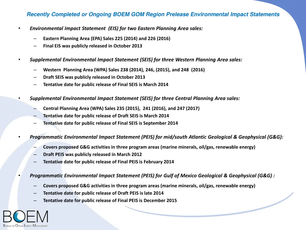 recently completed or ongoing boem gom region
