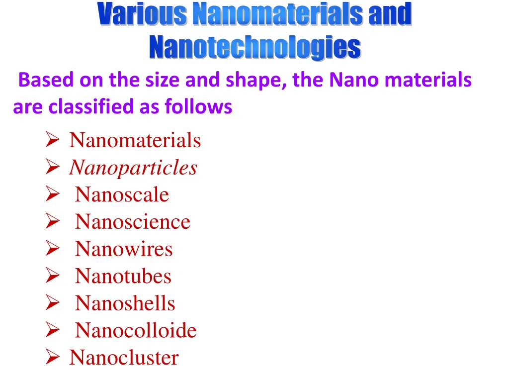 various nanomaterialsand nanotechnologies based