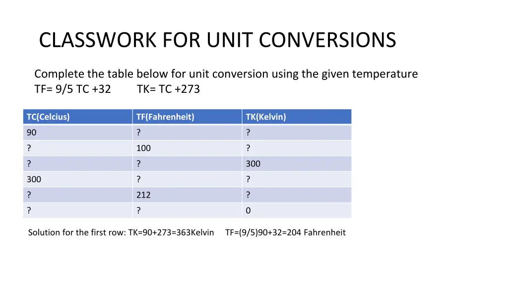 classwork for unit conversions
