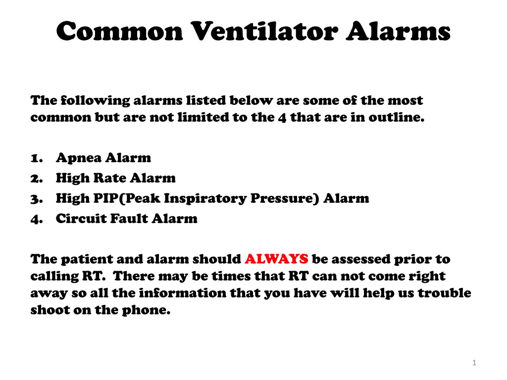 common ventilator alarms