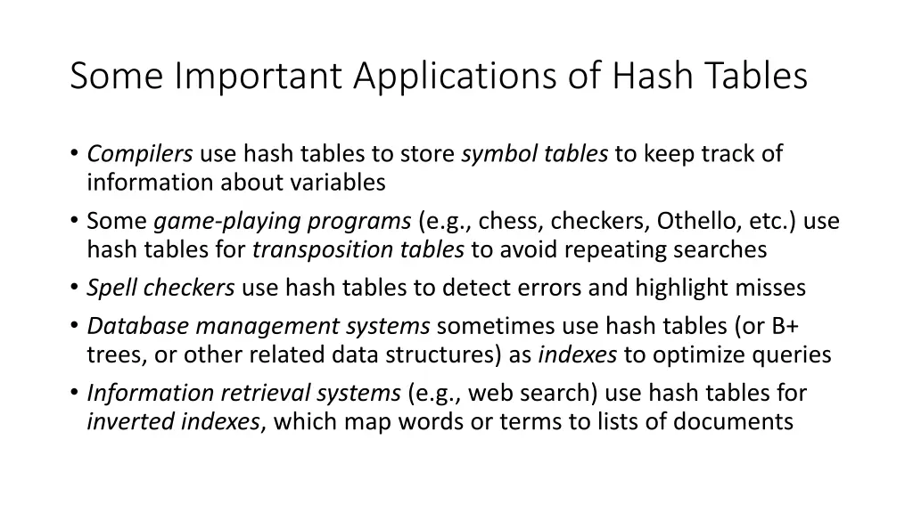 some important applications of hash tables
