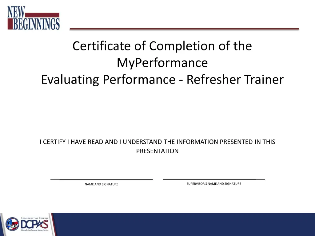 certificate of completion of the myperformance