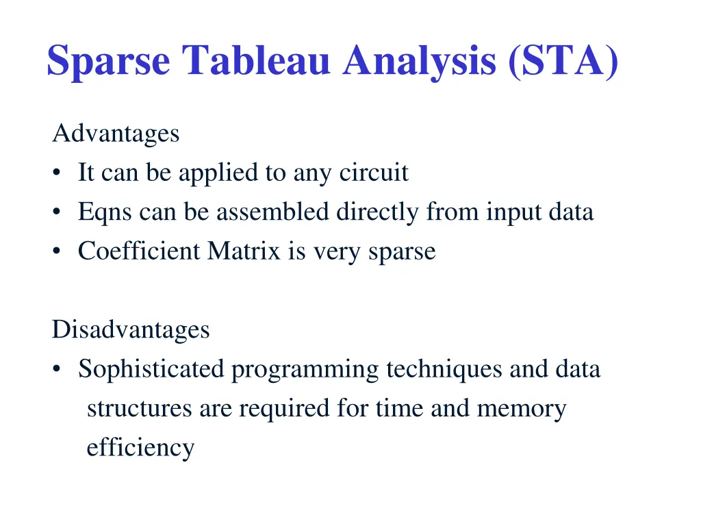 sparse tableau analysis sta 1