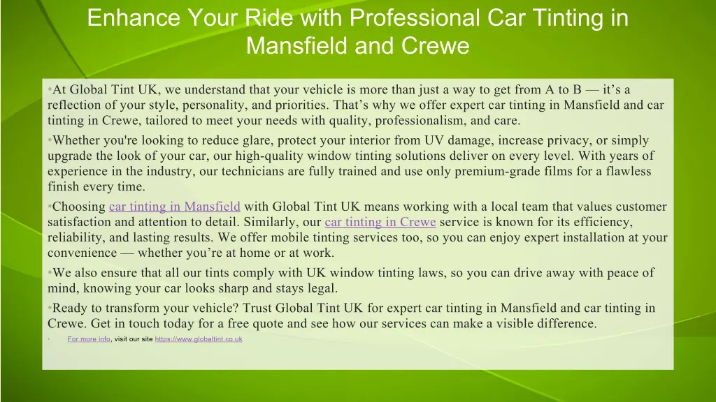 enhance your ride with professional car tinting
