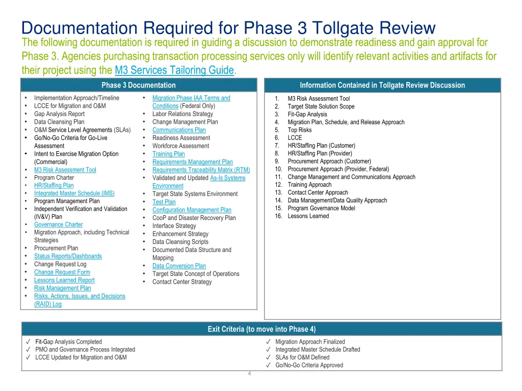 documentation required for phase 3 tollgate