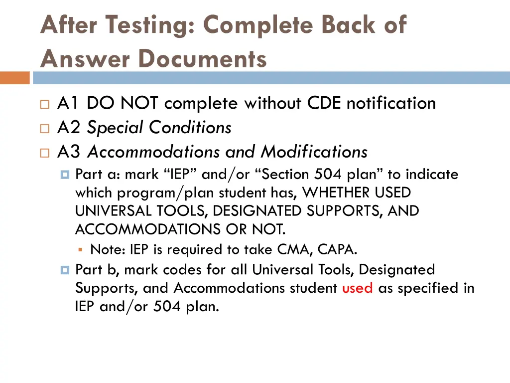 after testing complete back of answer documents