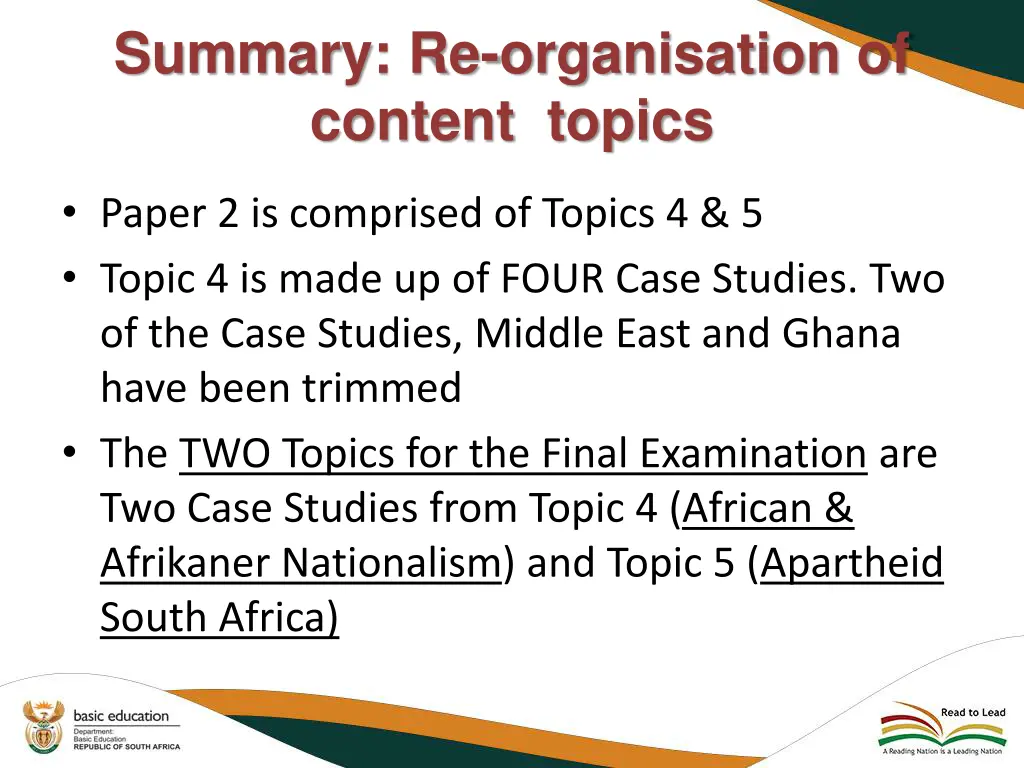 summary re organisation of content topics 1