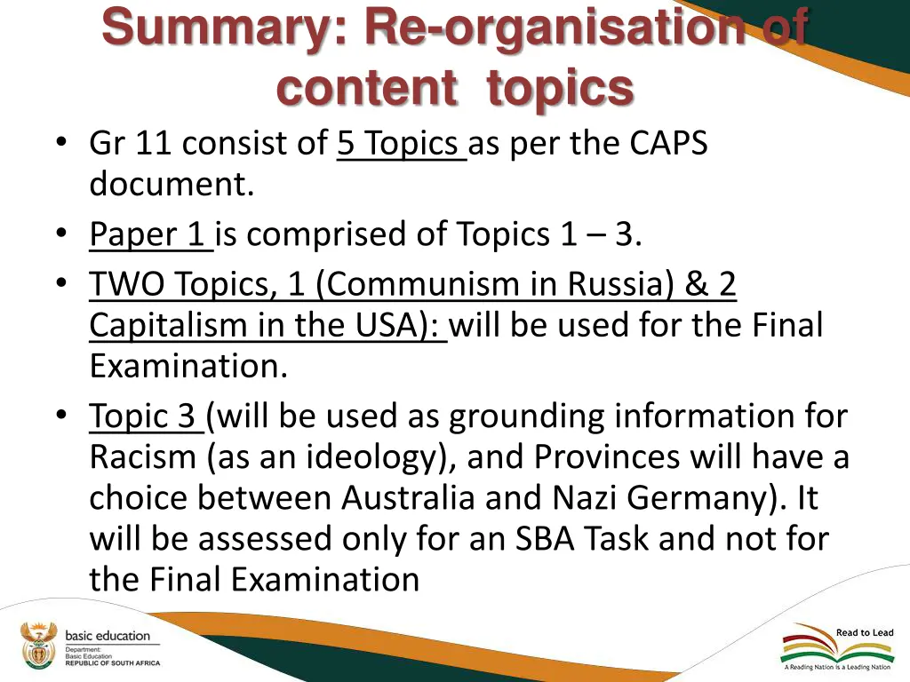 summary re organisation of content topics