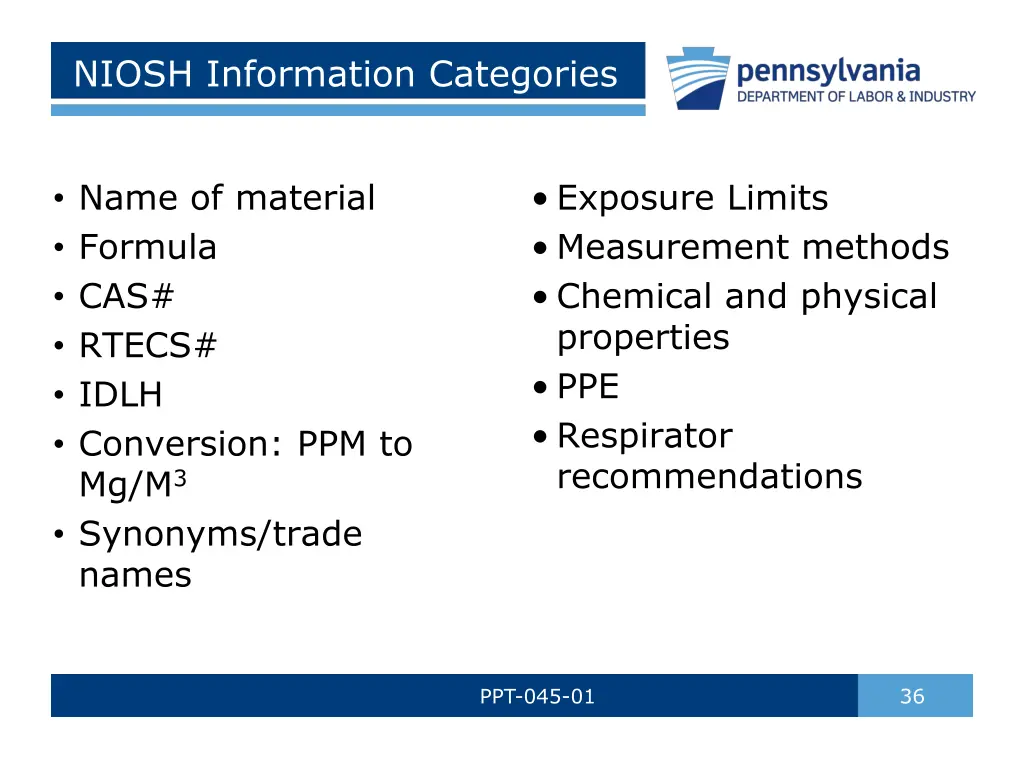 niosh information categories