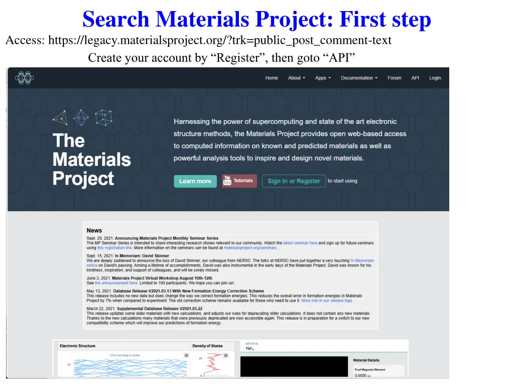 search materials project first step access https