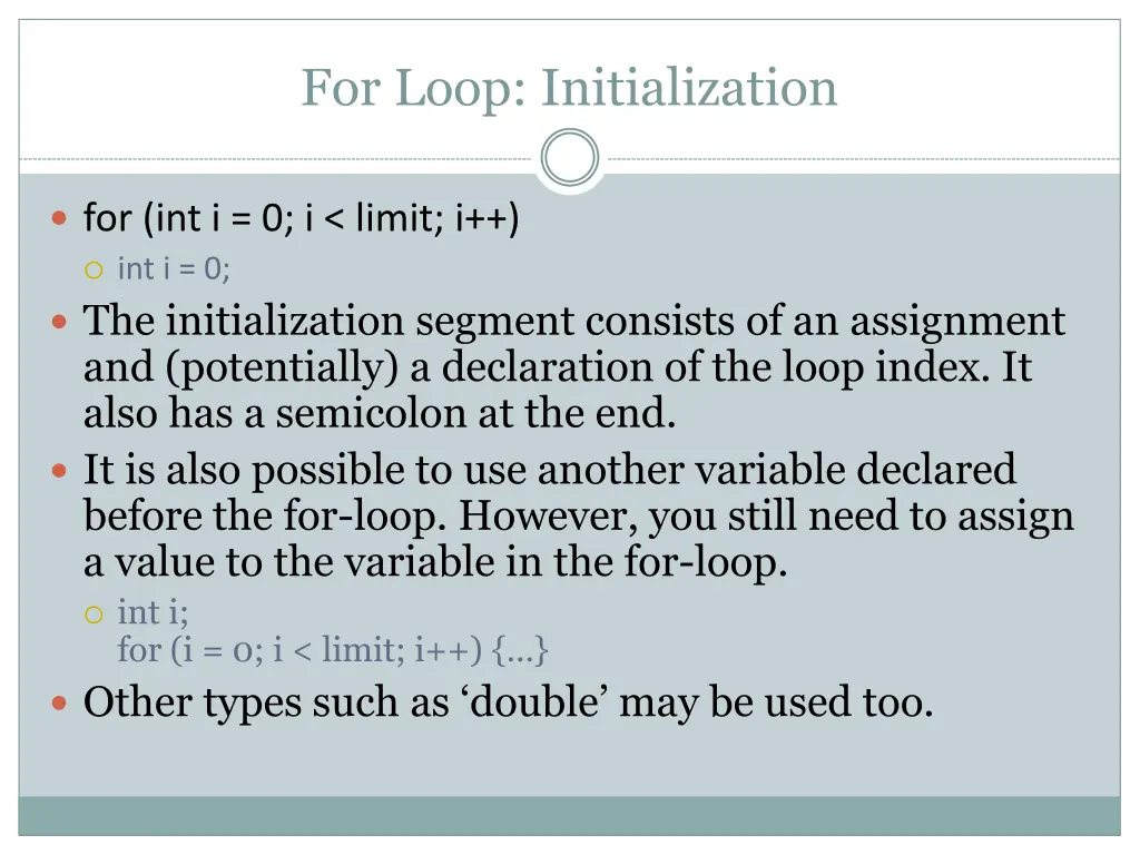 for loop initialization