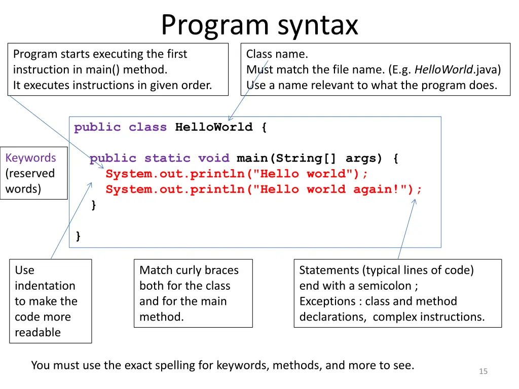 program syntax class name must match the file