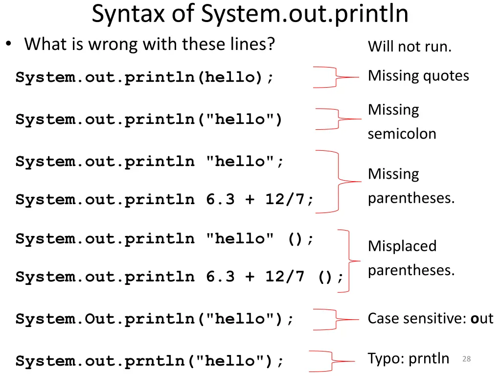 syntax of system out println what is wrong with 1