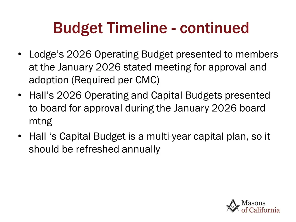 budget timeline continued