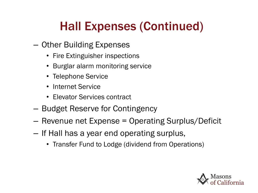 hall expenses continued
