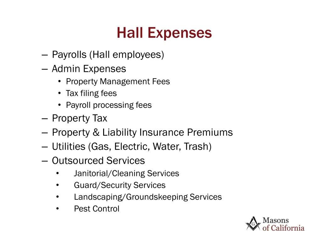 hall expenses