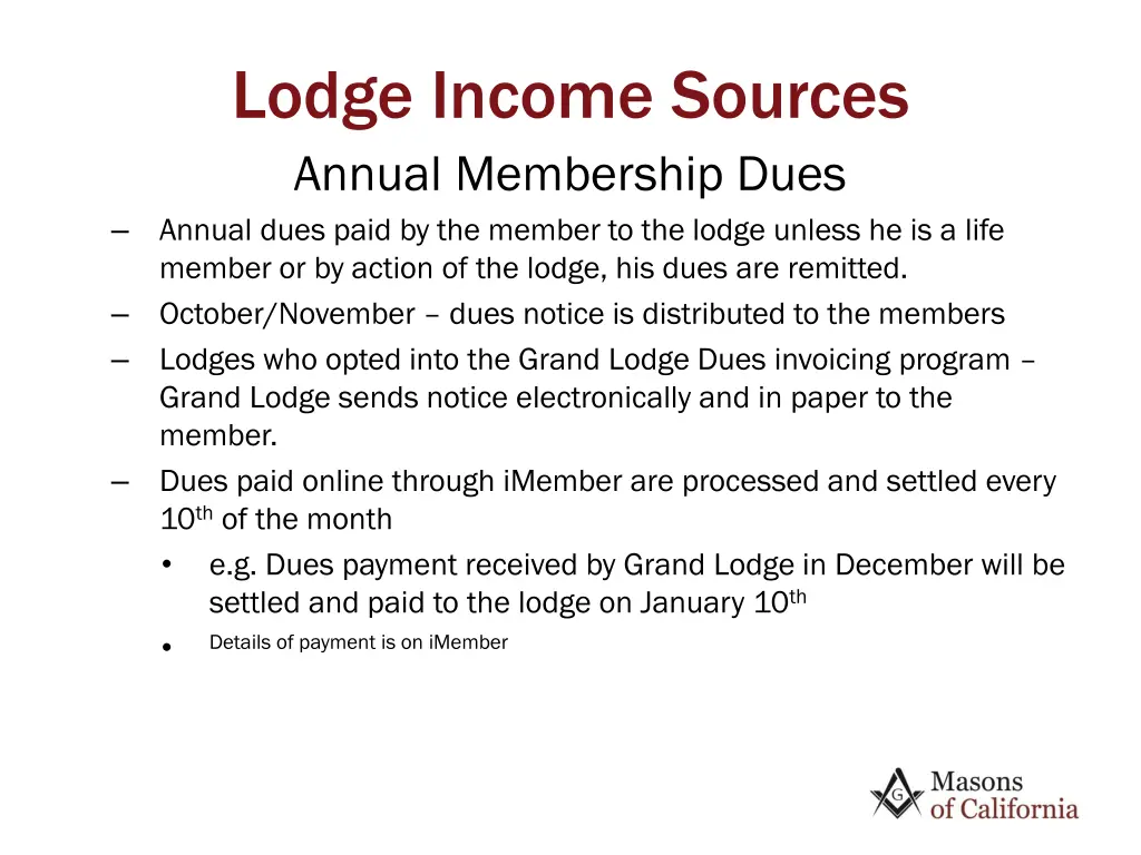 lodge income sources annual membership dues