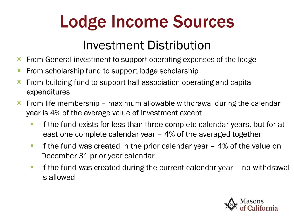 lodge income sources investment distribution from