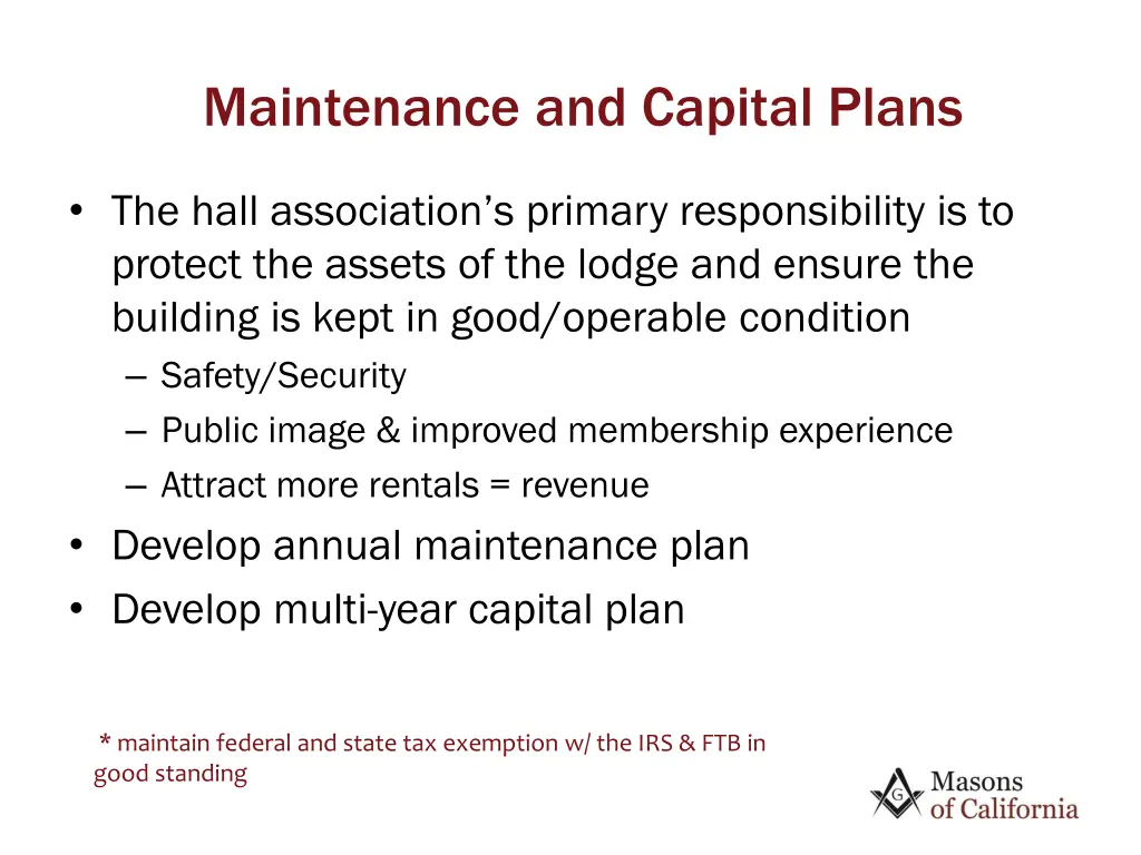 maintenance and capital plans