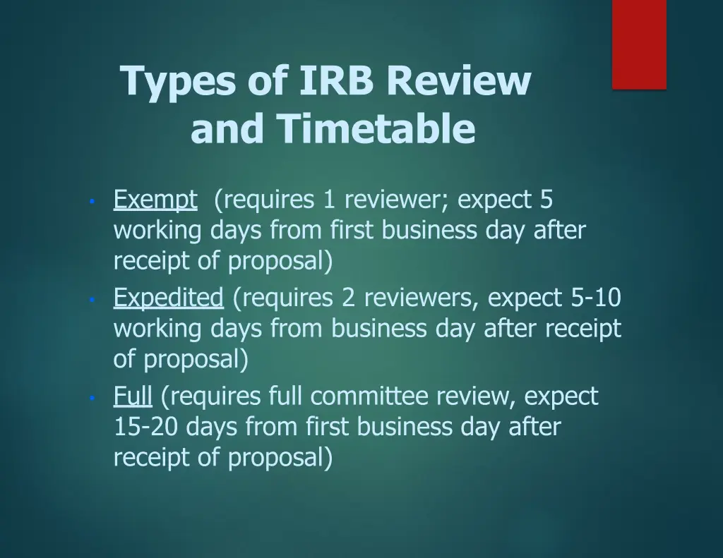 types of irb review and timetable