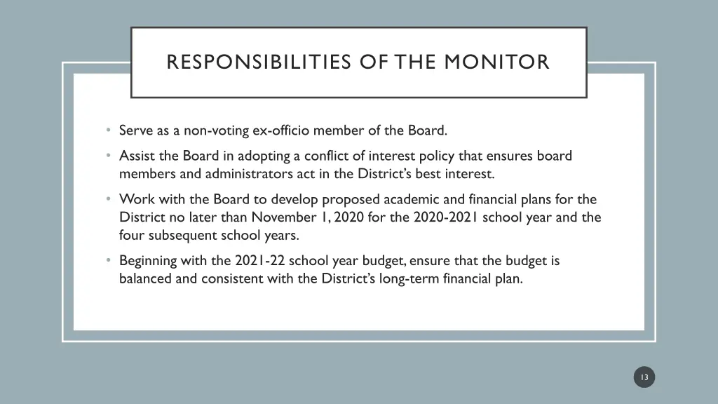responsibilities of the monitor