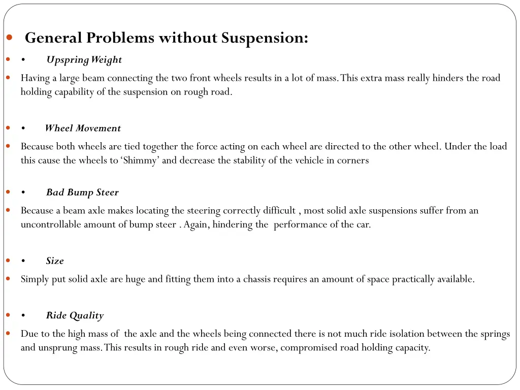 general problems without suspension upspring