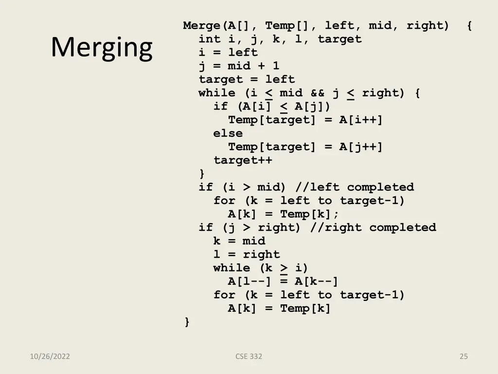 merge a temp left mid right int i j k l target